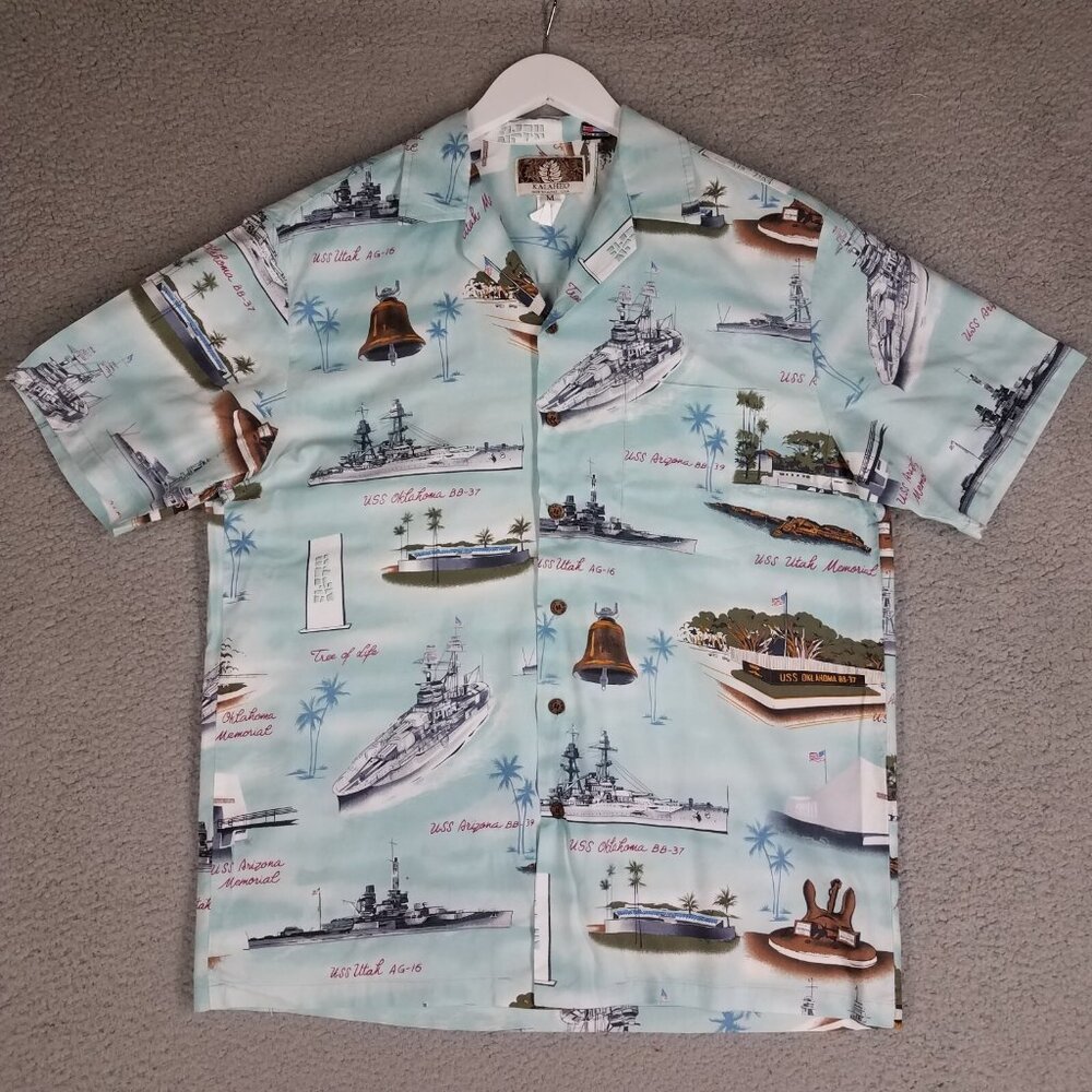 Kalaheo WW2 Memorial Hawaiian Shirt Adult Medium Pearl Harbor Navy Battleships
